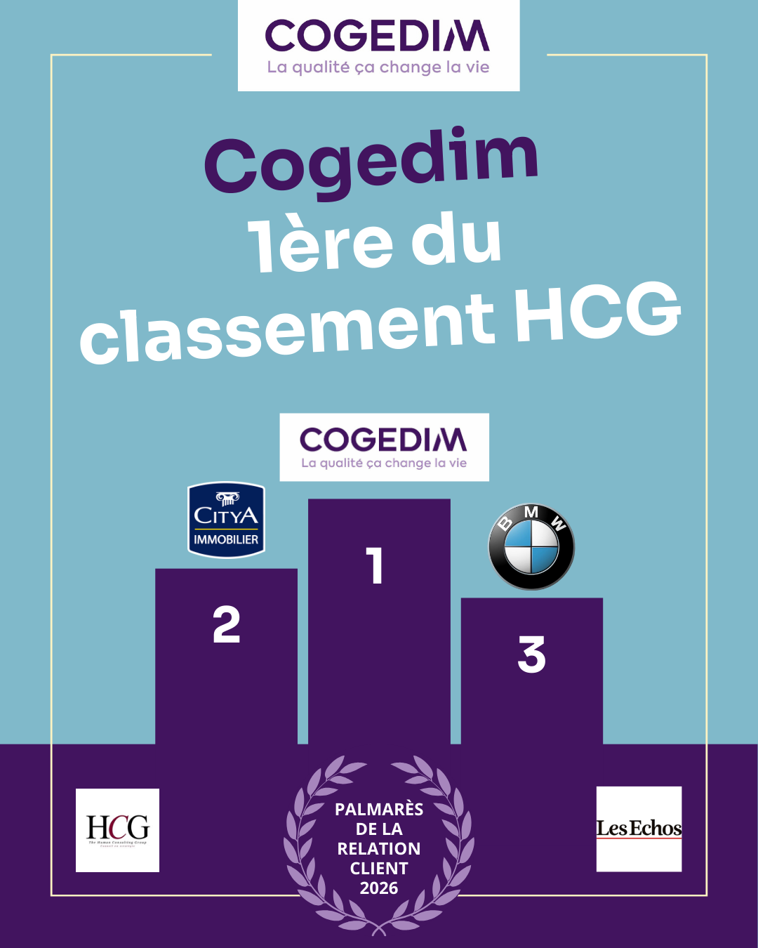 Boîtes de produits Cogedim pour le classement HQE sur fond bleu et violet.